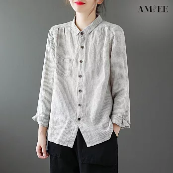 【AMIEE】復古棉麻條紋襯衫(KDTY-2504) M 麻杏條