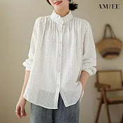 【AMIEE】復古棉麻顯瘦襯衫上衣(KDTY-6382) M 白色