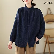 【AMIEE】復古棉麻顯瘦襯衫上衣(KDTY-6382) XL 藏藍