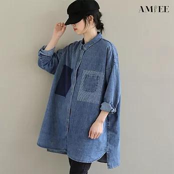 【AMIEE】拼接百搭牛仔襯衫上衣(KDTY-1313) M 藍色