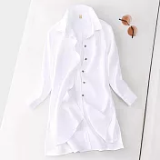 【ACheter】 棉麻襯衫長袖寬鬆大碼中長版上衣 # 115696 XL 白色