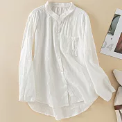 【ACheter】 褶皺口袋純色長袖襯衫氣質百搭寬鬆休閒棉麻短版上衣 # 115725 XL 白色