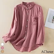 【ACheter】 褶皺口袋純色長袖襯衫氣質百搭寬鬆休閒棉麻短版上衣 # 115725 M 粉紅色