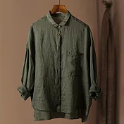 【ACheter】 百搭薄款純色上衣寬鬆大碼麻料長袖襯衫前短後長上衣 # 115726 L 綠色