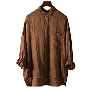 【ACheter】 百搭薄款純色上衣寬鬆大碼麻料長袖襯衫前短後長上衣 # 115726 L 棕色