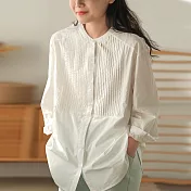 【ACheter】 復古簡約胸口百褶設計立領襯衫長袖寬鬆中長款上衣 # 116016 XL 白色