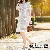【Lockers 木櫃】春季復古波點鏤空短袖連衣裙 L112022009 L 米杏色L