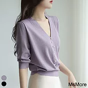 【MsMore】 五分袖V領珍珠扣紫色冰絲針織衫短版上衣# 116113 FREE 紫色
