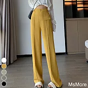 【MsMore】 韓版西裝褲高腰垂感闊腿寬鬆顯瘦單口袋設計拖地長褲# 116222 L 黃色
