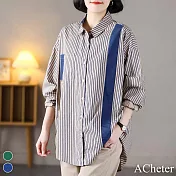 【ACheter】 條紋棉襯衫拼接撞色文藝長袖休閒百搭寬鬆顯瘦大碼中長上衣# 116242 XL 藍色