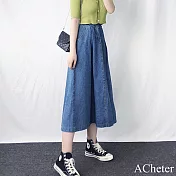 【ACheter】 大碼牛仔裙高腰顯瘦復古水洗長裙# 116243 M 藍色