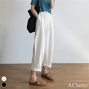 【ACheter】 顯瘦舒適棉麻質感高腰顯瘦寬鬆闊腿直筒長休閒褲# 116244 4XL 白色