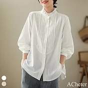 【ACheter】 襯衫文藝休閒純色刺繡花邊復古顯瘦長袖寬鬆棉麻中長上衣# 116282 XL 白色