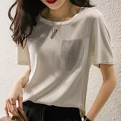 【ACheter】 簡約時髦燙鑽口袋圓領短袖精梳棉T恤寬鬆短版上衣# 116290 M 白色