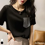 【ACheter】 簡約時髦燙鑽口袋圓領短袖精梳棉T恤寬鬆短版上衣# 116290 L 黑色