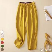 【ACheter】 棉麻鬆緊高腰系帶哈倫褲寬鬆直筒百塔休閒九分長褲# 116267 XL 黃色