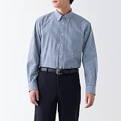 【MUJI 無印良品】男有機棉不易起皺扣領長袖襯衫 S 暗藍格紋
