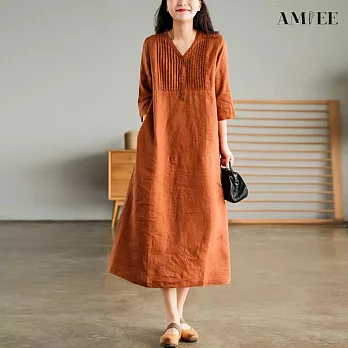 【AMIEE】簡約短袖連身洋裝(KDDY-A143) M 橘色