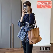 【Jilli~ko】韓版寬鬆連帽襯衫拼接衛衣 L J10000 L 藍色