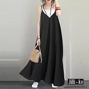 【Jilli~ko】V領寬鬆細肩帶包邊背心裙 J9922 FREE 黑色