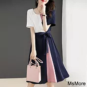 【MsMore】 幾何拼色白領風V領拼接收腰顯瘦短袖長版洋裝 # 116060 S 藏青