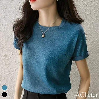 【ACheter】 圓領亮絲短袖薄款時尚百搭寬鬆顯瘦針織衫短版上衣 # 116115 FREE 藍色