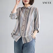 【AMIEE】日系復古條紋顯瘦襯衫(KDTY-8519) 2XL 藍色