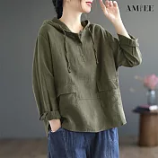 【AMIEE】復古棉麻寬鬆連帽上衣(KDTY-6093) M 軍綠