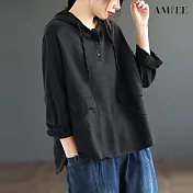 【AMIEE】復古棉麻寬鬆連帽上衣(KDTY-6093) XL 黑色