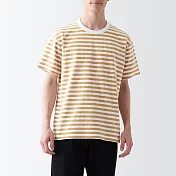 【MUJI 無印良品】男有機棉水洗粗織圓領短袖T恤 S 芥黃橫紋
