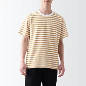 【MUJI 無印良品】男有機棉水洗粗織圓領短袖T恤 L 芥黃橫紋