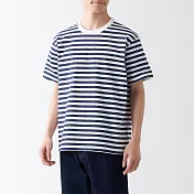 【MUJI 無印良品】男有機棉水洗粗織圓領短袖T恤 L 暗藍橫紋