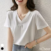 【ACheter】 簡約百搭精梳棉V領短袖T恤短版上衣# 116291 XL 白色