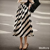 【MsMore】 法式摩登黑白條紋百褶絲質高腰長裙# 116336 L 杏色