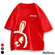 【MsMore】 純棉大碼圓領短袖T恤兔年潮流寬鬆短版上衣# 115573 3XL 紅色