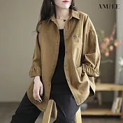 【AMIEE】棉麻純色長袖襯衫(KDTY-9307) M 卡其色