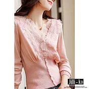 【Jilli~ko】優雅氣質V領花邊蕾絲開扣針織衫 J10050  FREE 粉紅色