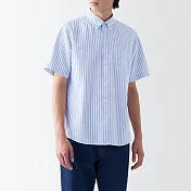【MUJI 無印良品】男有機棉水洗牛津布扣領短袖襯衫 S 淡藍直紋