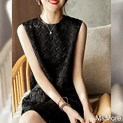 【MsMore】 法式別致壓褶圓領小黑裙無袖口袋設計背心長版洋裝# 116305 S 黑色