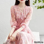 【MsMore】 甜美蘑菇扣飾V領印花泡泡七分袖收腰連身裙長版洋裝# 116317 L 粉紅色