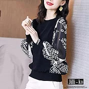 【Jilli~ko】時尚視覺印花寬鬆拼接雪紡上衣 J10120 FREE 黑色