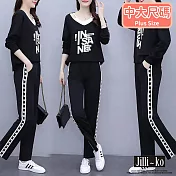 【Jilli~ko】兩件套大碼寬鬆V領印花運動套裝 J10065  FREE 黑色