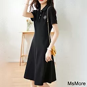 【MsMore】 山茶花赫本風小黑連身裙運動休閒顯瘦短袖洋裝 # 116403 M 黑色