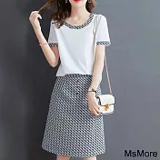 【MsMore】 心動佳人韓版休閒時尚圓領短袖寬鬆優雅2件式裙套裝 # 116408 M 白色