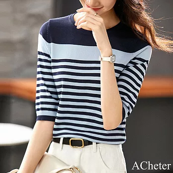 【ACheter】 撞色條紋針織衫時髦五分袖圓領套頭寬鬆短版上衣 # 116478 FREE 條紋