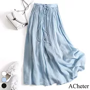 【ACheter】 飄逸麻感長裙棉麻鬆緊高腰大擺長裙 # 116482 2XL 藍色