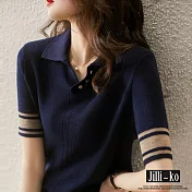 【Jilli~ko】POLO領復古時尚針織衫 A1193  FREE 深藍色