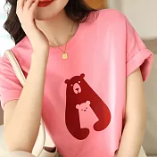 【MsMore】 小熊抱印花年輕減齡圓領寬鬆短袖T恤短版上衣 # 116410 2XL 粉紅色