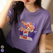 【MsMore】 可樂花朵印花寬鬆圓領新疆棉短袖T恤寬鬆短版上衣 # 116411 2XL 紫色