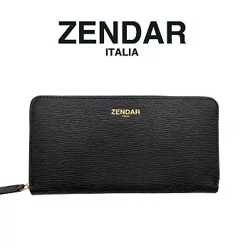 【ZENDAR】台灣總代理 限量1折 頂級小羊皮極光紋拉鍊皮夾 達芙妮系列 全新專櫃展示品 (黑色)